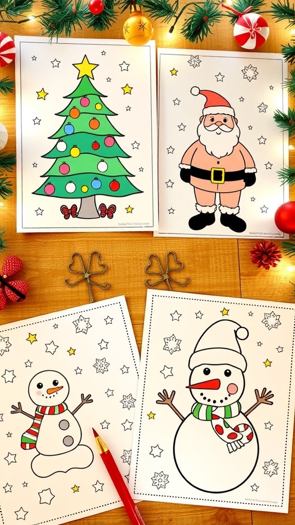 A variety of easy Christmas coloring pages for kids featuring Santa, Christmas trees, and snowmen.